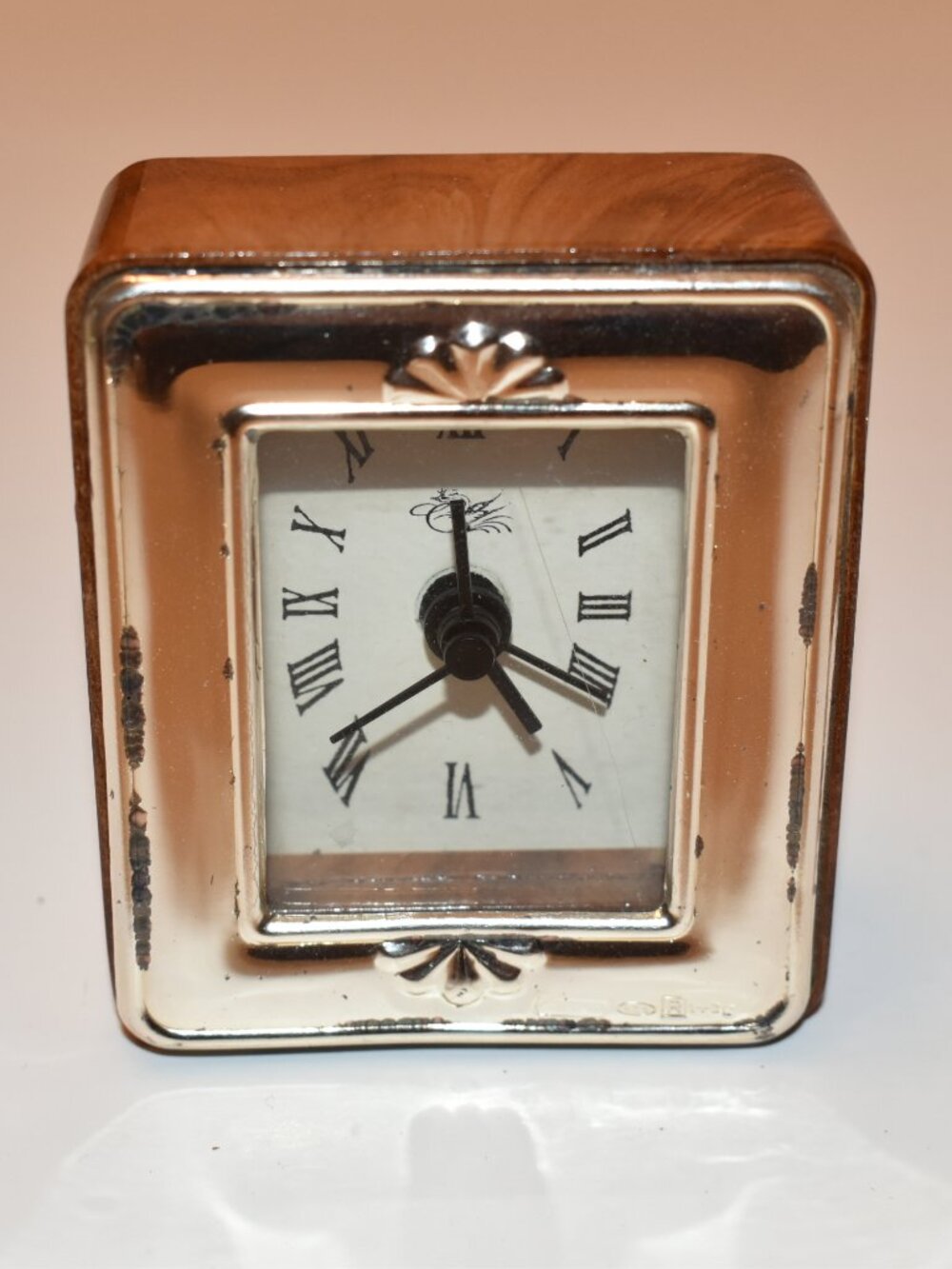 Vintage Italian Sterling Silver.925 and Mahogany Wood Quartz Desk Clock. Mint co